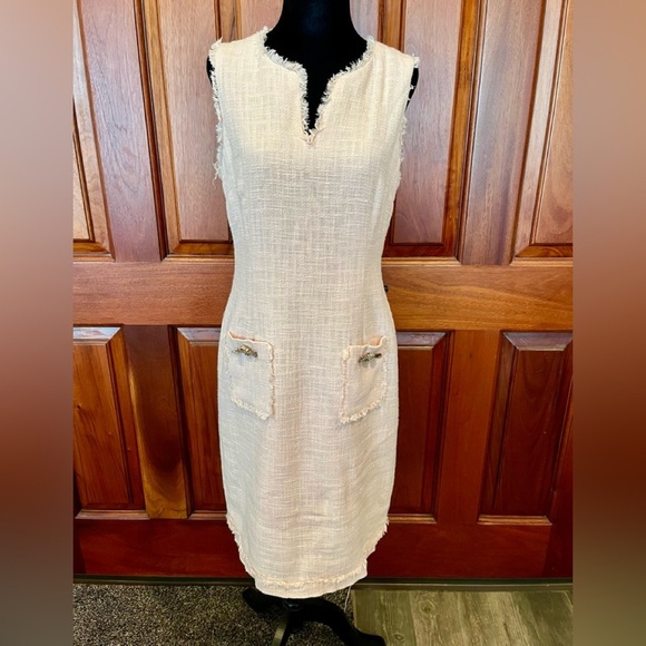 Karl Lagerfeld Paris Pink Tweed Shift Dress with Front Decor Pockets Size 8 - Picture 2 of 12